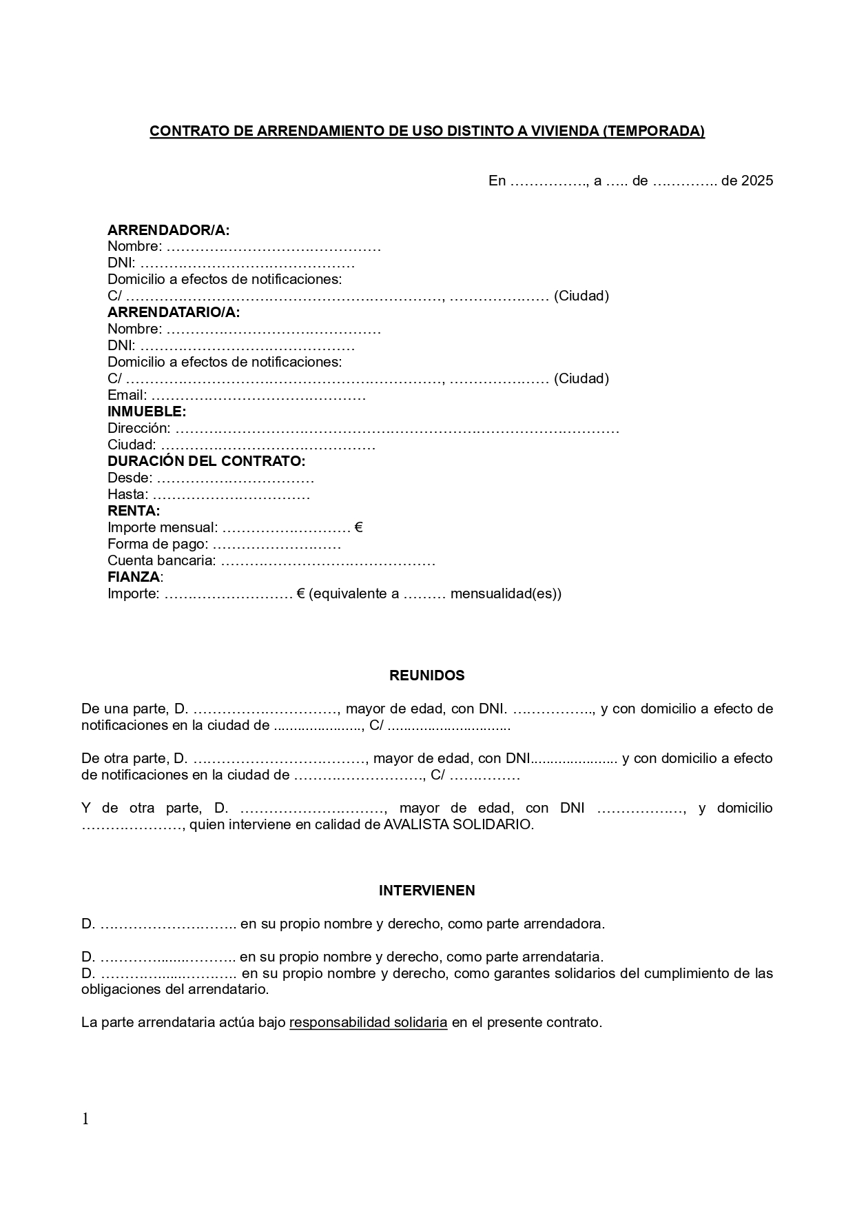 Plantilla de contrato de alquiler de habitación para estudiantes con aval en España